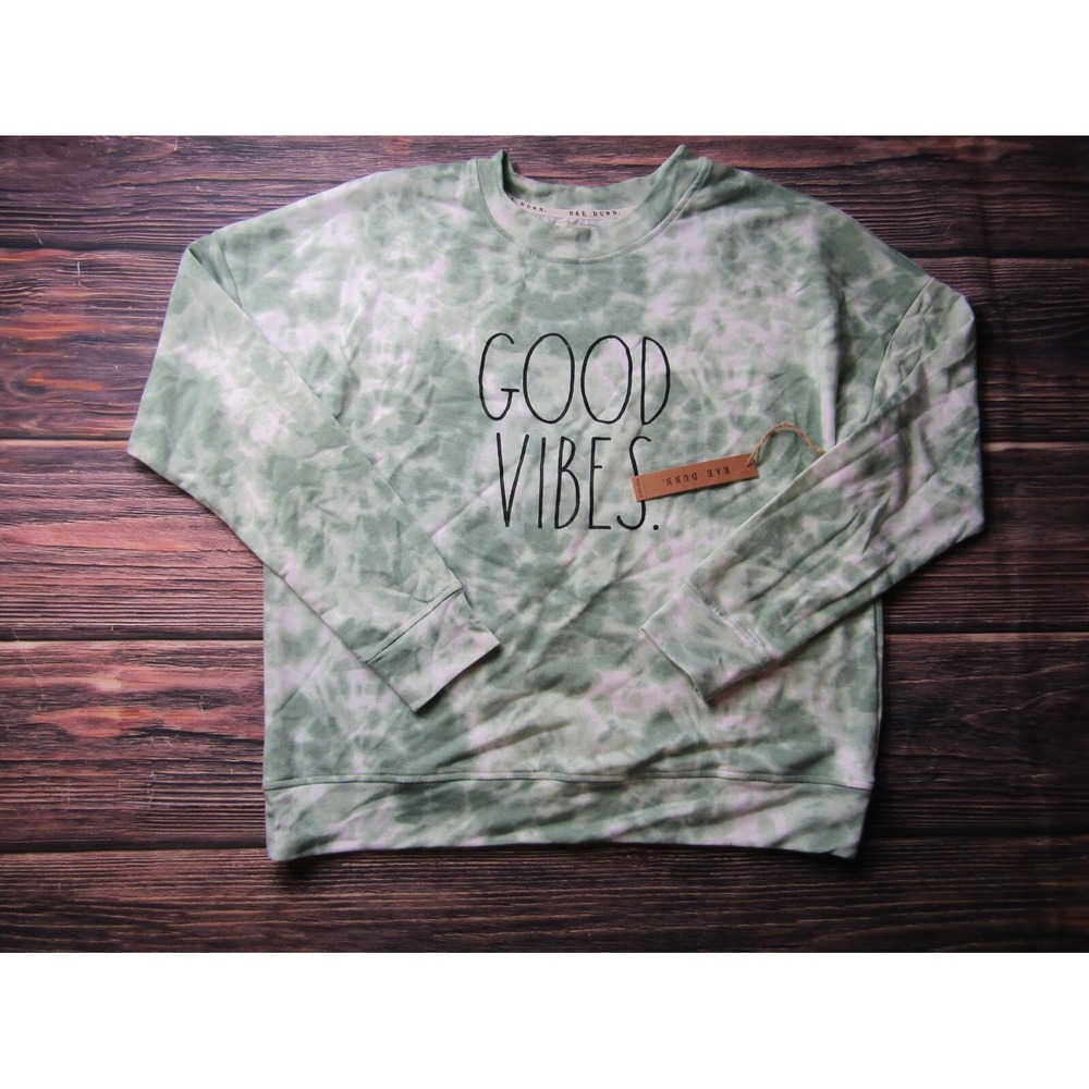 Rae Dunn NEW Womens Size Small Green Good Vibes Tie Dye Crewneck Sweater NWT